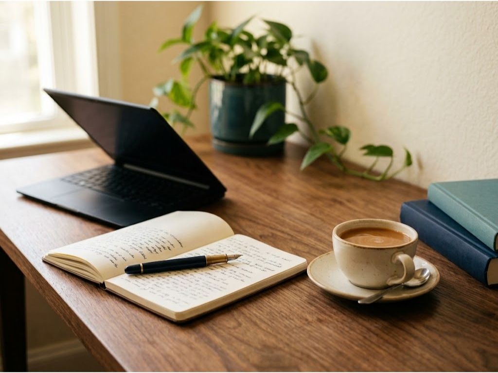 Notebook, pen and coffee on a desk where career advice articles are written
