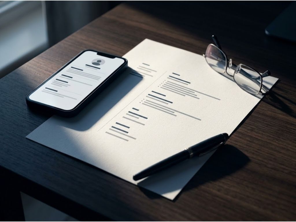 Professionally rewritten executive resume and LinkedIn profile on a desk