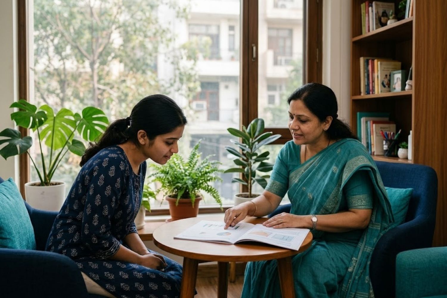 A family on a video call with a career counsellor during an online session.