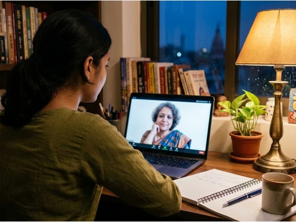 Student in an online career counselling session discussing her report