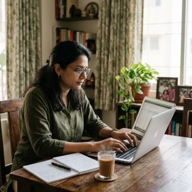 Mother working on a spreadsheet at home after restarting her career