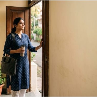 Mother leaving home for work after restarting her career following a break
