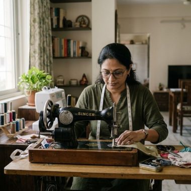 Woman running a home-based tailoring business at her sewing machine