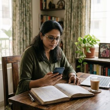 Mother managing her home business accounts on a phone and ledger book