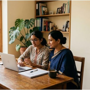 Counsellor and client reviewing career options online on a laptop