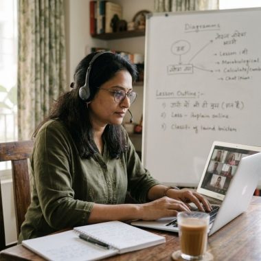 Mother taking an online class from home as a work-from-home career option