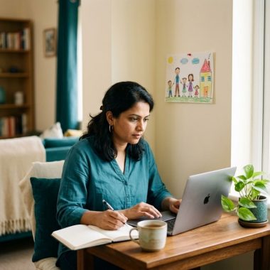 Mother taking a psychometric test at home to plan her career restart
