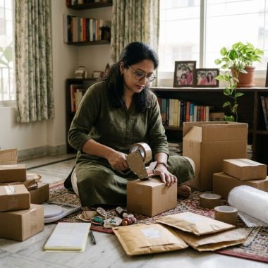 Housewife packing orders for her small home business
