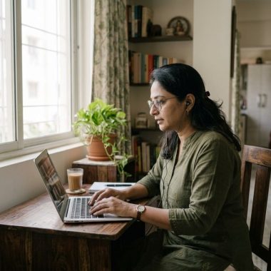 Mother working from home on a laptop at her dining table in India